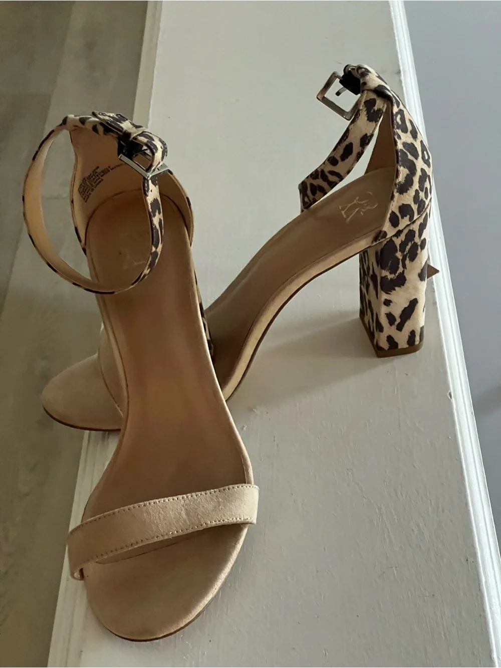 New York & Company Leopard Print Block Heel Ankle Strap Sandals - tan & black